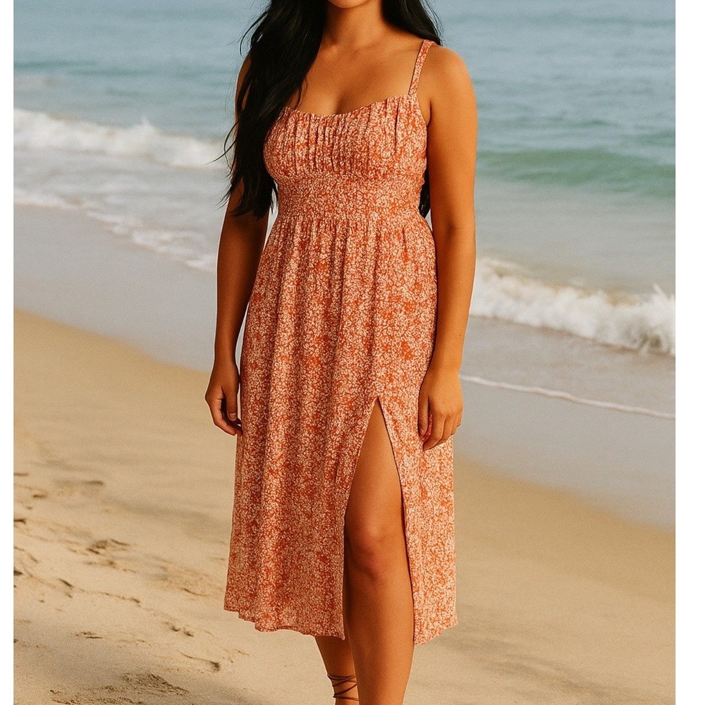 Abercrombie & Fitch Midi Dress Smocked Milkmaid, Sweetheart, Romantic Sz Small
